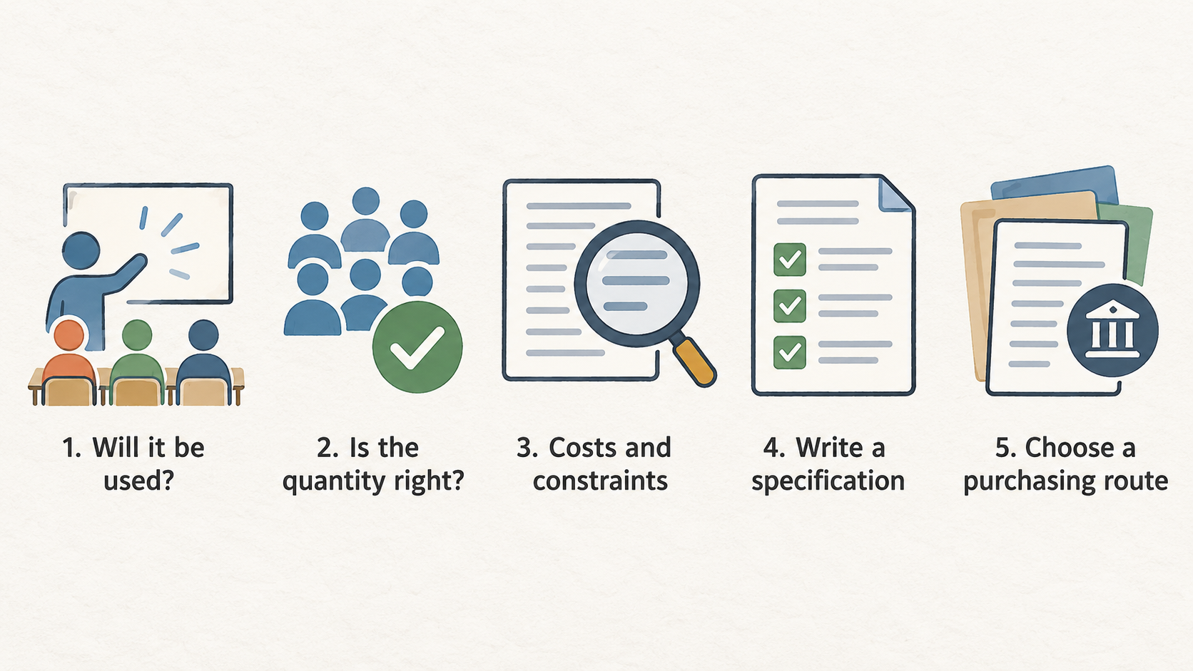 One row of five icons with short labels for the section’s stated checks: item will be used; quantity is right; costs or constraints; purchasing route; delivery, replacement and