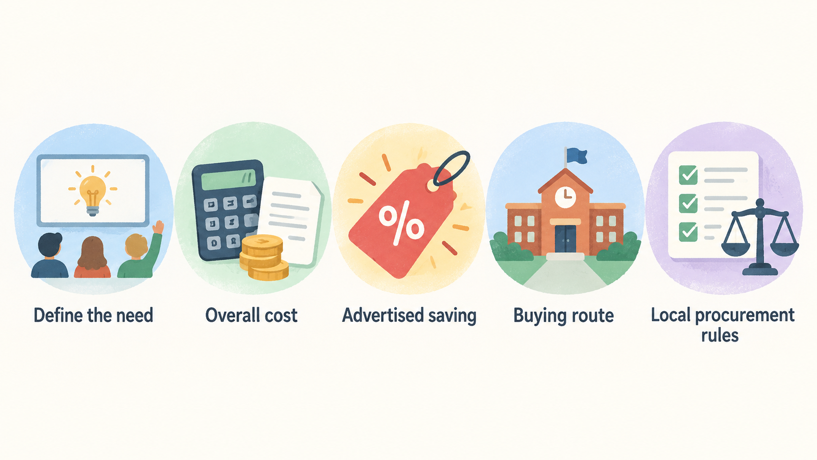 A single numbered checklist of five steps from the article’s stated buying process: define the teaching or learning need; shortlist matching offers; compare usable quantity and