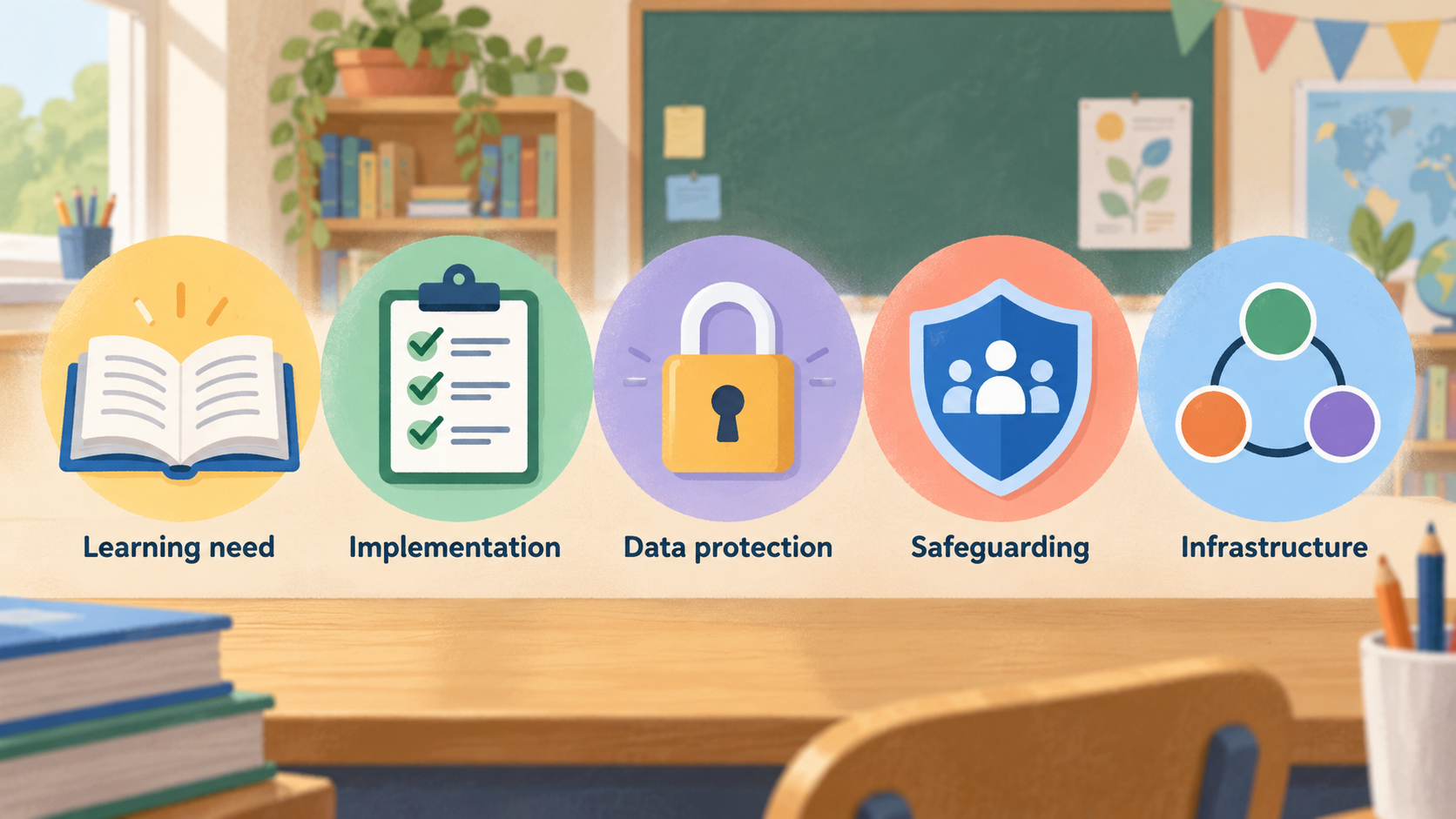 Show one row of icons labeled “Learning need,” “Teaching practice,” and “Safe implementation,” using the article’s stated framing.
